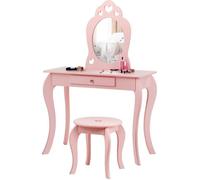 COSTWAY Coiffeuse pour Enfant avec Miroir, Inclus de Table de Maquillage et deTabouret, Dessus Amovible, Rose