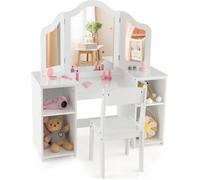 COSTWAY Coiffeuse pour Enfants 2 en 1 avec Chaise, Miroir Amovible à Trois Volets, 4 Compartiments de Stockage Blanc Blanc