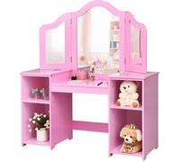 COSTWAY Coiffeuse pour Enfants 2 en 1 avec Miroir Amovible, Bureau Enfant avec 4 Étagères de Style Princesse pour Filles, Rose