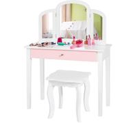 Costway Coiffeuse Pour Enfants 2 En 1 Avec Miroir Amovible Et Pliable, 1 Grand Tiroir Style Princesse Blanc Blanc