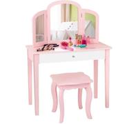 Coiffeuse pour Enfants 2 en 1 avec Miroir Amovible et Pliable, 1 Grand Tiroir Style Princesse Rose