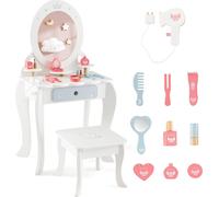 COSTWAY Coiffeuse pour enfants, 2 en 1 Coiffeuse en bois avec tabouret, miroir amovible, tiroirs & accessoires, coiffeuse princesse pour enfants à partir de 3 ans