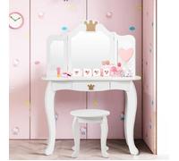 COSTWAY Coiffeuse pour Enfants avec Miroir à Trois Volets, Dessus amovible, Tabouret Inclus, Jeu de Simulation pour Filles