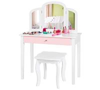 COSTWAY Coiffeuse pour Enfants avec Miroir à Trois Volets, Ensemble de Coiffeuse 2-en-1 avec Dessus Amovible, Tabouret Inclus, Jeu de Simulation de Beauté pour Filles (Blanc)