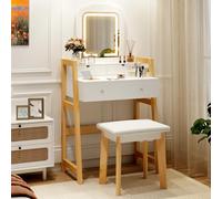 COSTWAY Coiffeuse, Table de Maquillage à 2 Niveaux avec 3 Tiroirs 1 Miroir (Hauteur Réglable) et 1 Tabouret Rembourré en Bois Blanche pour Chambre et Dressing