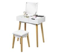 COSTWAY Coiffeuse, Table de Maquillage avec 1 Miroir Carré Rabattable,1 Tabouret Capitonné,1 Tiroir et 1 Compartiment de Rangement pour Chambre, Dressing Blanche