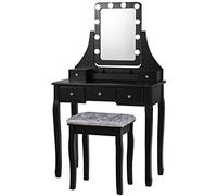 COSTWAY Coiffeuse, Table de Maquillage avec 10 Ampoules LED à Intensité Variable Tabouret avec 5 Tiroirs et Boîtes de Rangement Amovibles Blanc, Noir, Marron (Noir)