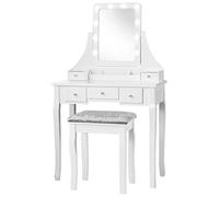 COSTWAY Coiffeuse, Table de Maquillage avec 10 Ampoules LED à Intensité Variable Tabouret avec 5 Tiroirs et Boîtes de Rangement Amovibles Blanc, Noir, Marron (Blanc)