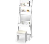 COSTWAY Coiffeuse/Table de Maquillage avec Miroir et Tabouret, Table de Cosmétique Moderne avec 2 Etagères et 3 Crochets, Blanc