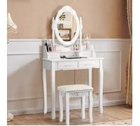 COSTWAY Coiffeuse,Table de Maquillage avec Miroir Oval et 10 Ampoules LED à Intensité Variable 4 Tiroirs 1 Tabouret Blanche