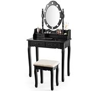 COSTWAY Coiffeuse,Table de Maquillage avec Miroir Oval et 10 Ampoules LED à Intensité Variable, 4 Tiroirs de Rangement Pieds en Sapin avec Patin Antidérapants Noir/Blanc (Noir)