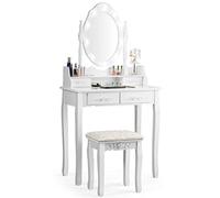 COSTWAY Coiffeuse,Table de Maquillage avec Miroir Oval et 10 Ampoules LED à Intensité Variable, 4 Tiroirs de Rangement Pieds en Sapin avec Patin Antidérapants Noir/Blanc (Blanc)