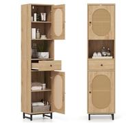 CostwayArmoire de Rangement Meuble pour Salle de Bain Haut Armoire en Rotin avec Portes Étagères Ajustables & Tiroir 170 x30 x40 cm Naturel