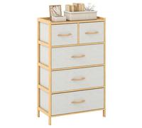 COSTWAY Commode 5 Tiroirs en Tissu, Chiffonnier Meuble de Rangement en Bambou, Dessus en Bois, Étagère Supérieure, Commode Haute pour Chambre d'enfant, Chambre à Coucher, Salon, Naturel