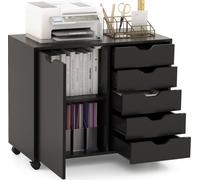 COSTWAY Commode à 5 tiroirs avec porte, armoire mobile à tiroirs avec étagère réglable Armoire à dossiers Support d'imprimante avec 5 roulettes noir