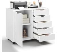COSTWAY Commode à 5 tiroirs avec porte, Armoire mobile à tiroirs avec étagère réglable, Classeur latéral à roulettes Support d'impression Blanc