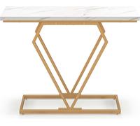 COSTWAY Console dorée, Table étroite d'entrée avec effet marbre & cadre géométrique en forme de diamant100 CM Table d'appoint blanche, dorée