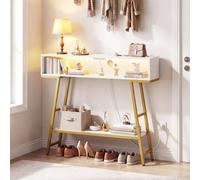 COSTWAY Console Entrée 3 Niveaux avec LED & Station de Recharge, Table Console pour Salon, Couloir, Hall, Rangement 100×20×86,5 cm (Blanc doré)