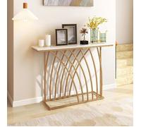 COSTWAY Console Meuble Entrée, Effet Marbre - 120 x 30 x 80 CM - Table Console Scandinave Cadre en Métal Doré Pour Couloir, Salon
