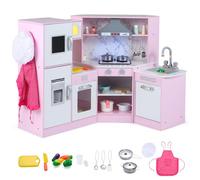 COSTWAY Cuisine d’Angle Enfants avec 16 Accessoires & Son & Lumière, Jeu de Cuisine Enfants avec Machine à Glaçon & Lave-Vaisselle Séparé, Tableau Noir pour 3 Ans+ (Rose)