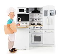 COSTWAY Cuisine d’Angle Enfants avec Réfrigérateur Latéral, Cuisinière de Jeu en Bois avec Machine à Laver, Téléphone Simulé, Ustensiles de Cuisine, Jouet d’Imitation pour Tout-Petits de 3 Ans+