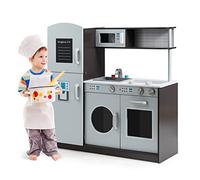 COSTWAY Cuisine d’Imitation Enfants en Bois avec Accessoires et Rangement,Cuisinière Enfants avec Sons de Clic,Four, Réfrigérateur et Machine à Laver,Cadeau pour Tout-Petits de 3 à 8 Ans,Gris(Gris)