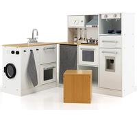 COSTWAY Cuisine d'angle avec son et lumière, cuisine pour enfants en bois, tabouret et accessoires de jeu inclus, pour enfants à partir de 3 ans