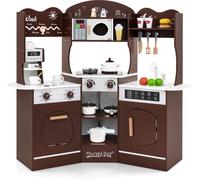 COSTWAY Cuisine d'angle en bois, Cuisine pour enfants avec son & lumière, Set de jeu avec toboggan, micro-ondes, four, machine à café & à laver, pour enfants 3+ Marron