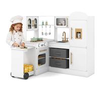 COSTWAY Cuisine d'angle Enfant avec Comptoir Rétractable et Lumières et Sons, Cuisine Enfant en Bois avec Réfrigérateur et Machine à Glaçons, Accessoires Riches, Jeu d'imitation pour 3 Ans+ (Blanc)