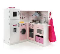 COSTWAY Cuisine d'Angle Rose avec Tableau Noir & 16 Accessoires pour Enfant, Sons & Lumière Réaliste, Machine à Glaçons, Tablier & Toque, Jeu de Bois 3 Ans+