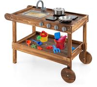 COSTWAY Cuisine de boue mobile, Cuisine d'extérieur pour enfants en bois de sapin avec 2 roues, Jeu de cuisine pour enfants à partir de 3 ans