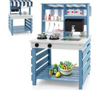 COSTWAY Cuisine de boue pour enfants Outdoor, Cuisine pour enfants double face en bois de sapin avec fonction eau