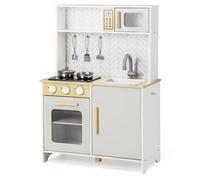 CostwayCuisine de Jeu en Bois pour Enfants Lumières Sons Micro-Ondes Cuisinières Evier Four et Accessoires de Cuisine pour les 3+ Ans Blanc