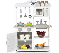 COSTWAY Cuisine en bois pour enfants, Cuisine de jeu pour enfants avec accessoires, Cuisine jouet en bois avec évier Four Micro-ondes Cuisinière et kit cuisine, Cuisine pour enfants blanc