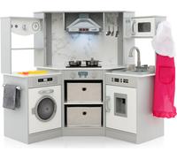 COSTWAY Cuisine en bois pour enfants, cuisine ludique avec son et lumière, cuisine en bois d'angle avec hotte aspirante, système de circulation d'eau, distributeur d'eau & machine à laver, accessoires