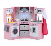 COSTWAY Cuisine Enfant avec 16 Accessoires & Son & Lumière, Cuisine d’Angle en Bois avec Distributeur d'eau & Machine à Laver, Micro-Ondes pour Enfants de 3 Ans+, 102 x 51 x 85 cm (Rose)