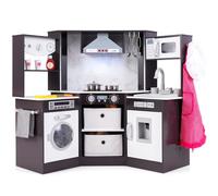 COSTWAY Cuisine Enfant avec 16 Accessoires & Son & Lumière, Cuisine d’Angle en Bois avec Distributeur d'eau & Machine à Laver, Micro-Ondes pour Enfants de 3 Ans+, 102 x 51 x 85 cm (Café)