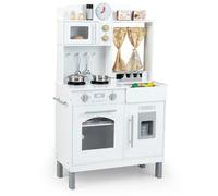 COSTWAY Cuisine Enfant avec 3 Hauteurs Réglables & Machine à Glaçons, Cuisine en Bois Enfant avec Cuisinières, Micro-Ondes, Évier, Four, Horloge, Rideaux, Accessoires pour Garçons Filles 3+ Ans