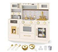 COSTWAY Cuisine Enfant avec Distributeur de Glace, Lumières et Sons Réels, Jeu de Cuisine avec Micro-Ondes, Lave-Vaisselle et Hotte, 10 Accessoires, Étagères, Jeu d'Imitation pour Enfant de 3 Ans+