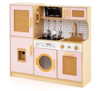 COSTWAY Cuisine Enfant avec Lumière & Effet Sonore, Cuisiniere Enfant avec Distributeur d'eau & Machine à Laver & Four, Portes en Rotin, Jeu de Cuisine pour Garçons Filles de 3 Ans+ (Rose)