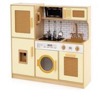 COSTWAY Cuisine Enfant avec Lumière & Effet Sonore, Cuisiniere Enfant avec Distributeur d'eau & Machine à Laver & Four, Portes en Rotin, Jeu de Cuisine pour Garçons Filles de 3 Ans+ (Jaune)