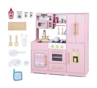 COSTWAY Cuisine Enfant avec Lumière, Effet Sonore, Machine à Café, Rose | Micro-Ondes et Four, Réfrigérateur, Lave-Vaisselle, Machine à Glaçons, 17 Accessoires, Jeu d'Imitation Montessori pour 3 Ans+