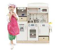COSTWAY Cuisine Enfant avec Lumières LED Réglables, Cuisine en Bois Enfant avec Cafetière, Machine à Glace, Four, Robinet, Téléphone et 19 Accessoires pour Garçons Filles de 3 Ans +, Blanc