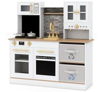 COSTWAY Cuisine Enfant avec Machine à Café & 2 Tiroirs Pliables en Tissu, Cuisine en Bois Enfant avec Sons et Lumières, Évier et Robinet, Accessoires pour Garçons Filles 3+ Ans (Naturel)