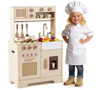 COSTWAY Cuisine Enfant avec Machine à Glaçons, Cafetière, Cuisine en Bois Enfant avec Lumières & Sons, Micro-Ondes, Four, Évier & Robinet, Porte en Rotin, 15 Accessoires, 3+ Ans
