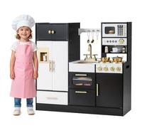 COSTWAY Cuisine Enfant avec Machine à Glaçons, Cafetière, Cuisine en Bois Enfant Montessori avec Lumières & Sons, Micro-Ondes, Four, Évier & Robinet, Armoire & Tiroir, 12 Accessoires, 3 Ans+