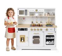 COSTWAY Cuisine Enfant avec Machine à Glaçons, Cafetière, Cuisine en Bois Enfant Montessori avec Lumières & Sons, Micro-Ondes, Four, Évier & Robinet, Lave-Vaisselle, 14 Accessoires, 3 Ans+ (Blanc)