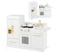 COSTWAY Cuisine Enfant avec Réfrigérateur & Cuisinière Séparés, Cuisine en Bois Enfant avec Machine à Glaçons, Lave-Vaisselle, Évier, Horloge, Armoire, Accessoires pour Garçons Filles 3+ Ans