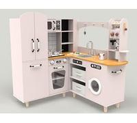 COSTWAY Cuisine Enfant d'angle avec Lumières & Sons & Cafetière, Cuisine en Bois Enfant avec Réfrigérateur à Double Porte & 2 Bacs en Tissu, Pieds en Bois de Pin pour 3 Ans+ (Rose)