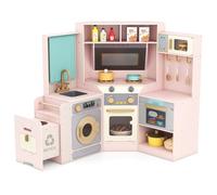 COSTWAY Cuisine Enfant d'angle avec Poubelle Coulissante, Lave-Linge & Lave-Vaisselle & Four, Cuisine en Bois Enfant avec Rideau, Évier, Cuisinières, Lumières et Sons, Accessoires pour 3+ Ans (Rose)